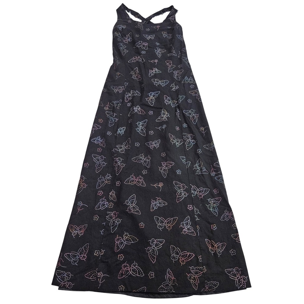 VTG 90s Y2k Black Butterfly Rhinestone‎ Whimsygoth Sleeveless Maxi Dress Sz M